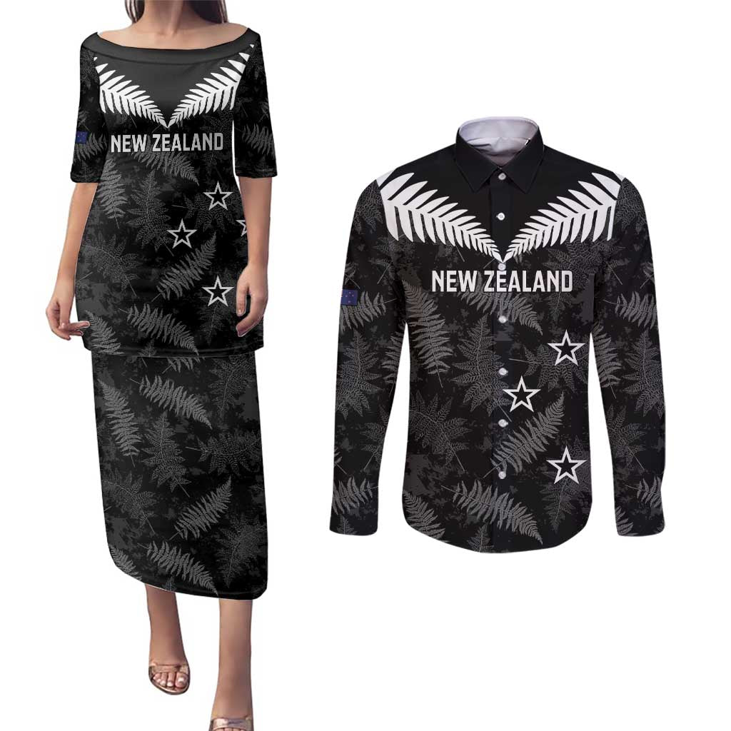 Custom New Zealand Silver Fern Football Couples Matching Puletasi and Long Sleeve Button Shirt Go Aotearoa Grunge Black - Polynesian Pride