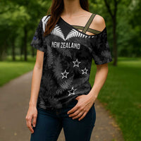 Custom New Zealand Silver Fern Football Cross Shoulder Shirt Go Aotearoa Grunge Black - Polynesian Pride