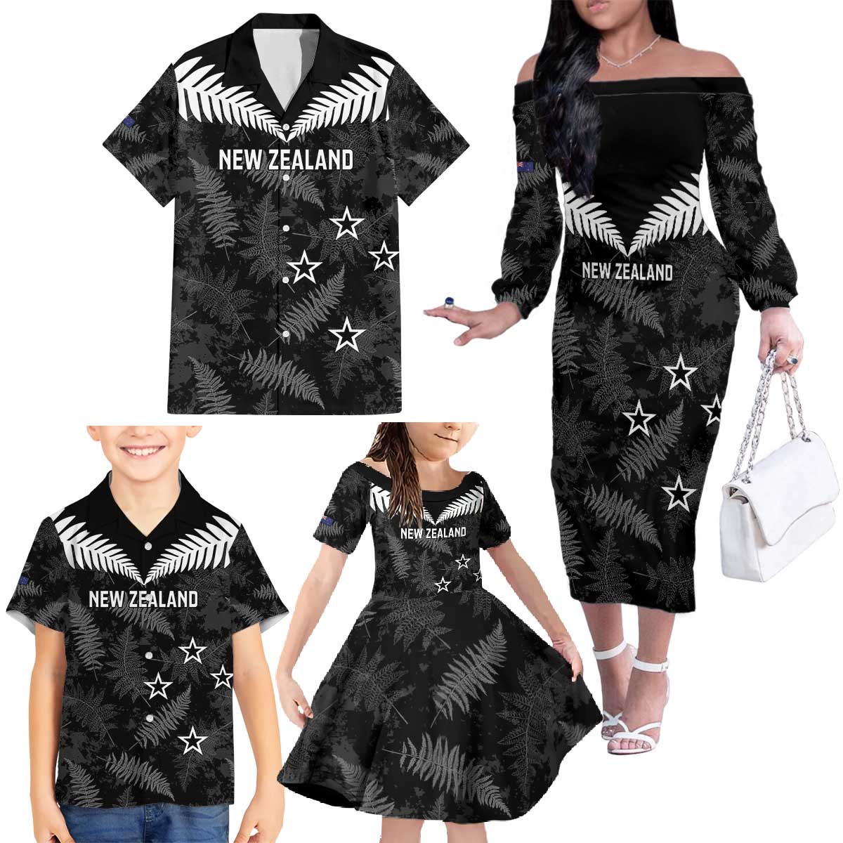 Custom New Zealand Silver Fern Football Family Matching Off The Shoulder Long Sleeve Dress and Hawaiian Shirt Go Aotearoa Grunge Black - Polynesian Pride