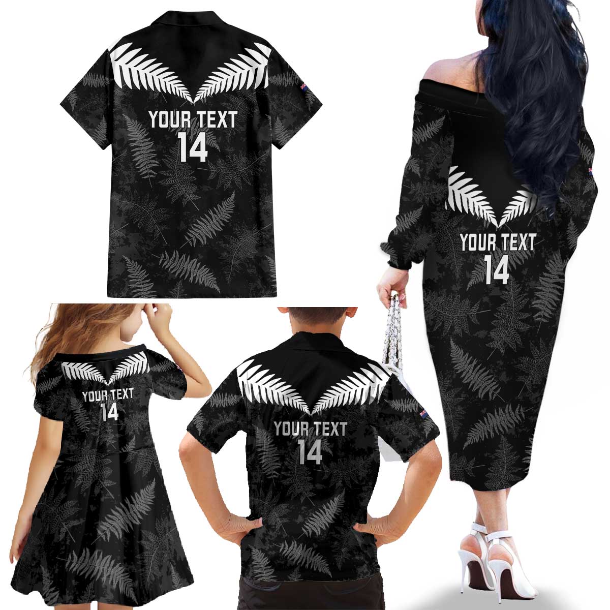 Custom New Zealand Silver Fern Football Family Matching Off The Shoulder Long Sleeve Dress and Hawaiian Shirt Go Aotearoa Grunge Black - Polynesian Pride