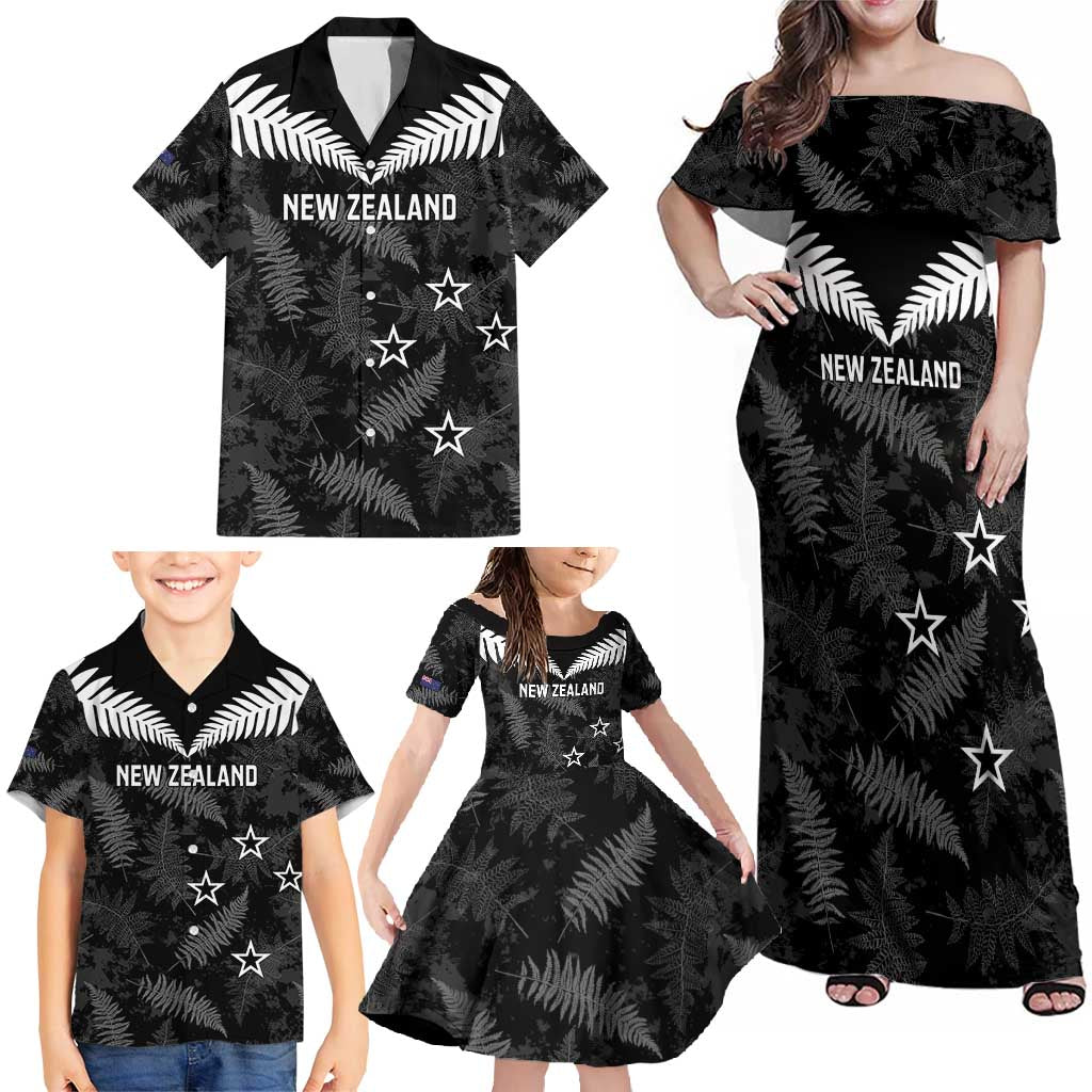 Custom New Zealand Silver Fern Football Family Matching Off Shoulder Maxi Dress and Hawaiian Shirt Go Aotearoa Grunge Black - Polynesian Pride