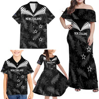 Custom New Zealand Silver Fern Football Family Matching Off Shoulder Maxi Dress and Hawaiian Shirt Go Aotearoa Grunge Black - Polynesian Pride