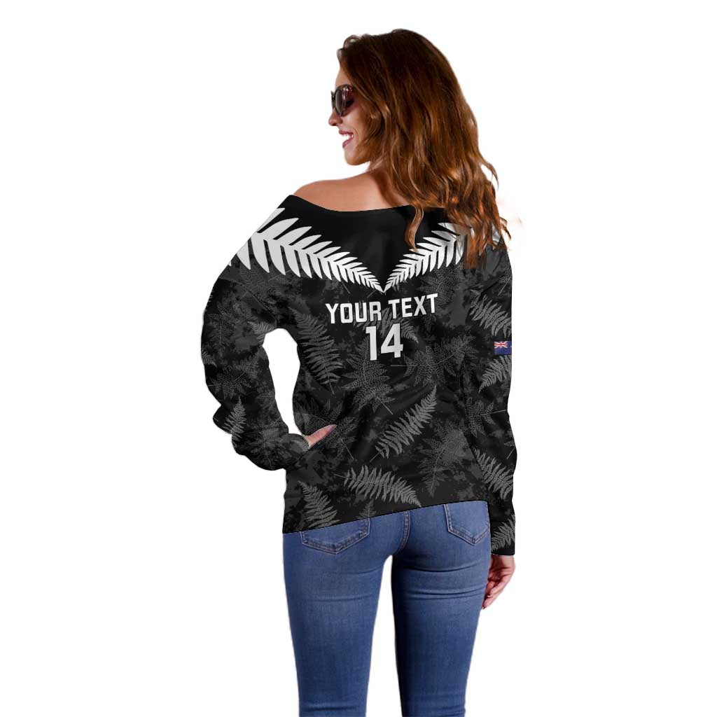 Custom New Zealand Silver Fern Football Off Shoulder Sweater Go Aotearoa Grunge Black - Polynesian Pride