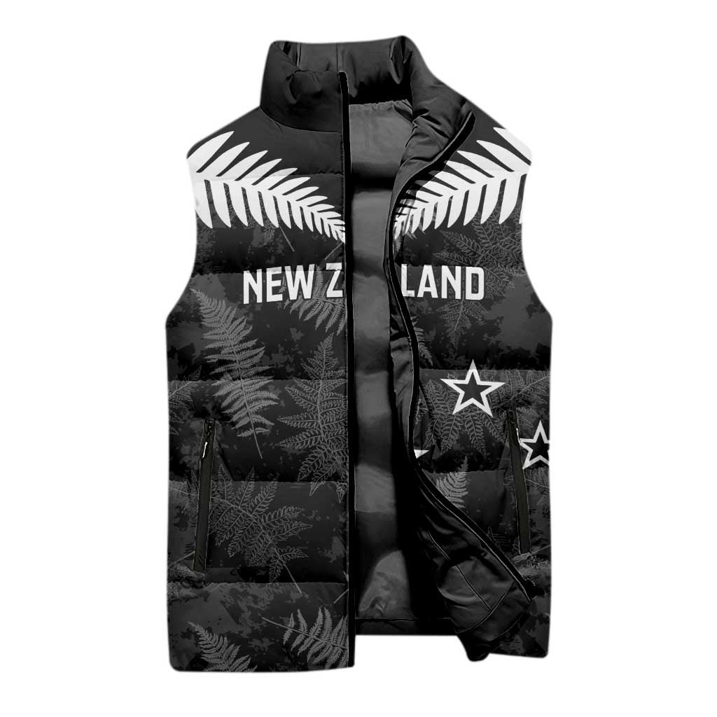 Custom New Zealand Silver Fern Football Sleeveless Puffer Jacket Go Aotearoa Grunge Black - Polynesian Pride