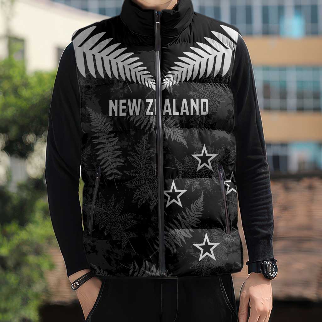 Custom New Zealand Silver Fern Football Sleeveless Puffer Jacket Go Aotearoa Grunge Black - Polynesian Pride