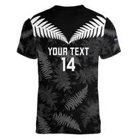 Custom New Zealand Silver Fern Football Women V-Neck T-Shirt Go Aotearoa Grunge Black - Polynesian Pride