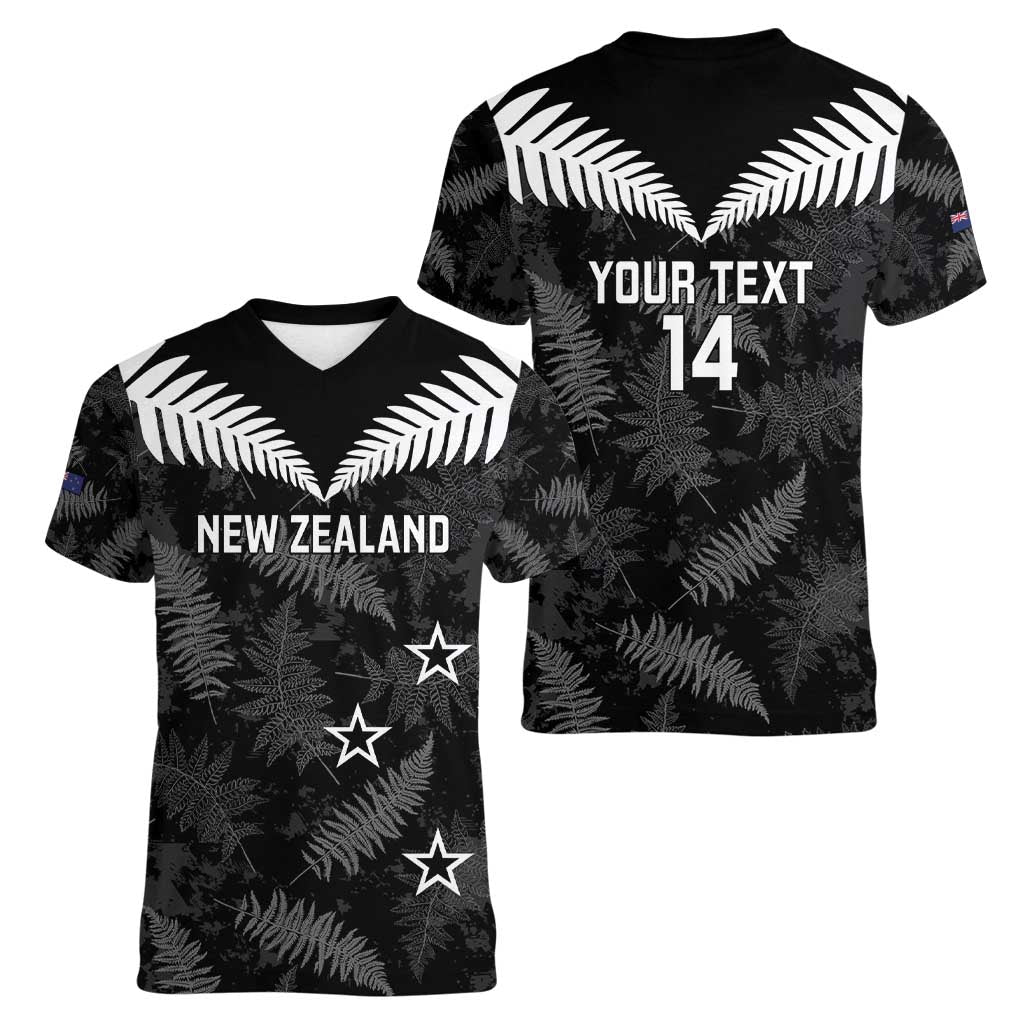 Custom New Zealand Silver Fern Football Women V-Neck T-Shirt Go Aotearoa Grunge Black - Polynesian Pride