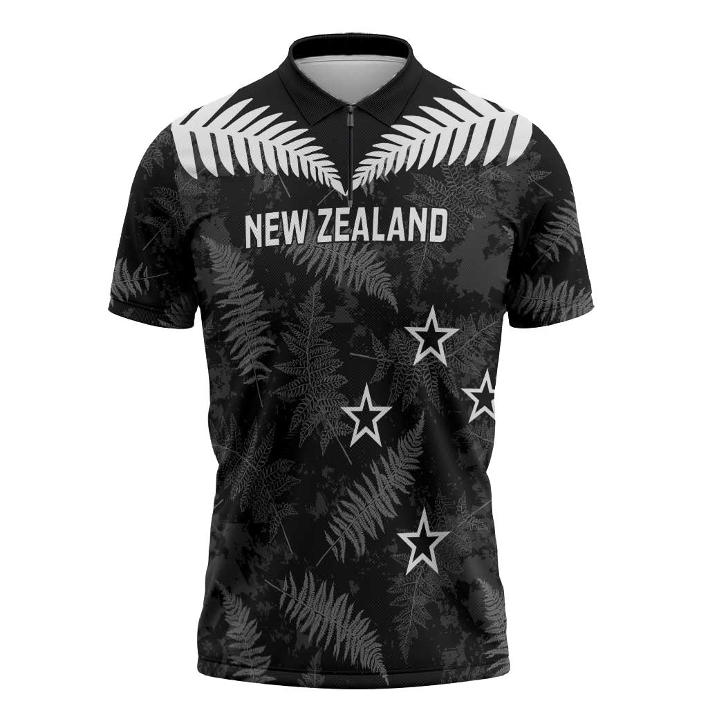 Custom New Zealand Silver Fern Football Zipper Polo Shirt Go Aotearoa Grunge Black - Polynesian Pride