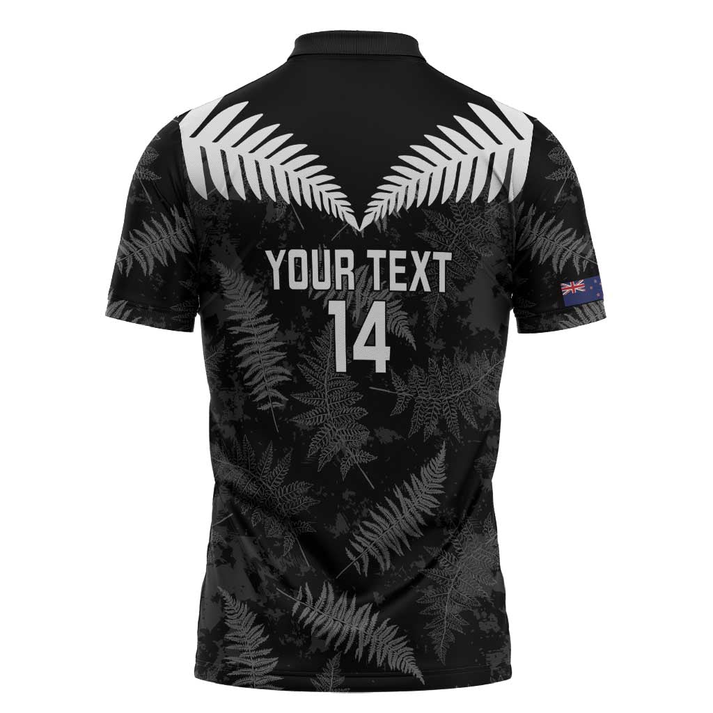 Custom New Zealand Silver Fern Football Zipper Polo Shirt Go Aotearoa Grunge Black - Polynesian Pride