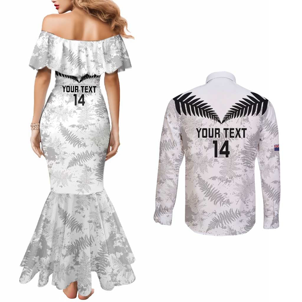Custom New Zealand Silver Fern Football Couples Matching Mermaid Dress and Long Sleeve Button Shirt Go Aotearoa Grunge White - Polynesian Pride