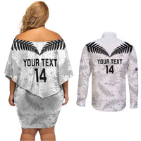 Custom New Zealand Silver Fern Football Couples Matching Off Shoulder Short Dress and Long Sleeve Button Shirt Go Aotearoa Grunge White - Polynesian Pride