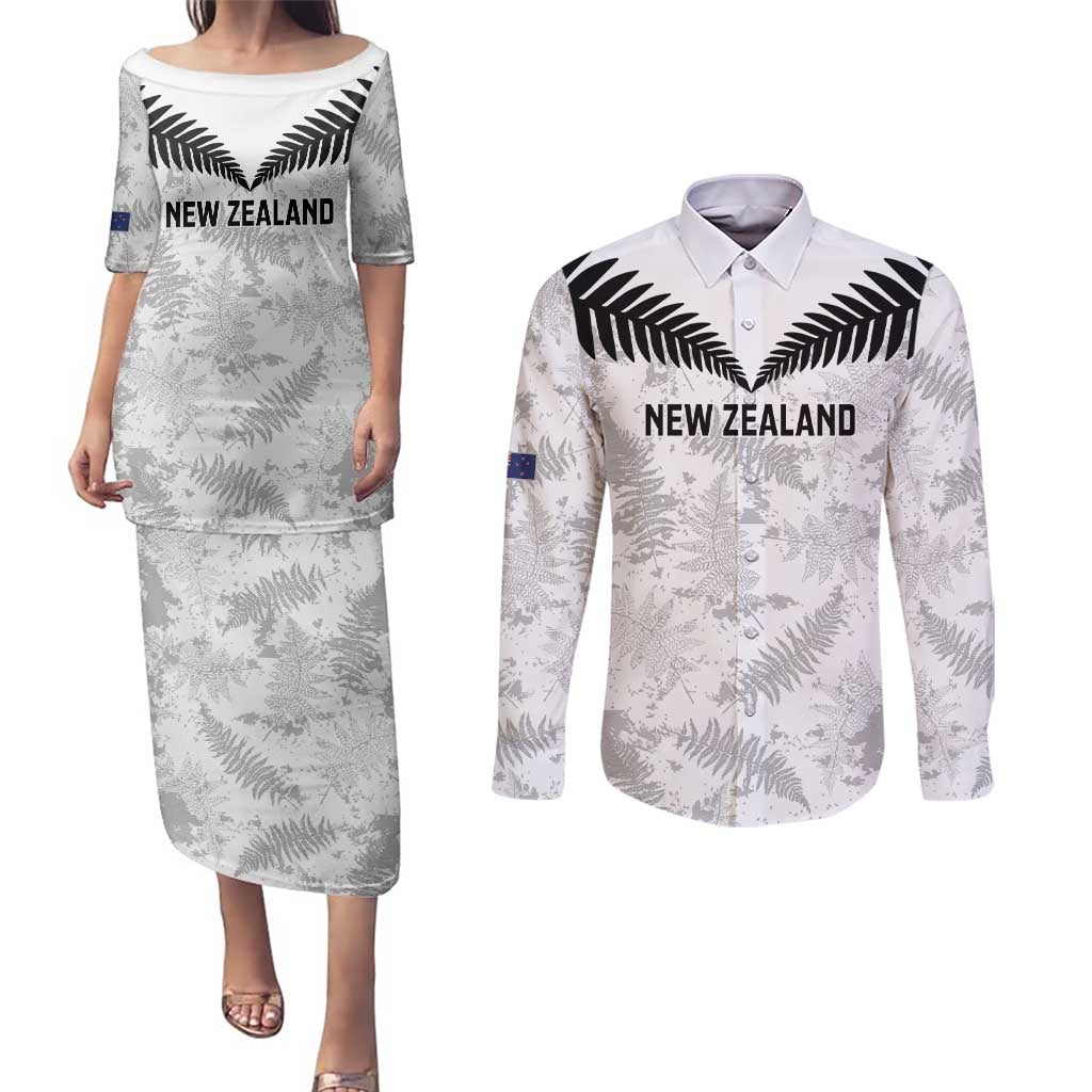 Custom New Zealand Silver Fern Football Couples Matching Puletasi and Long Sleeve Button Shirt Go Aotearoa Grunge White - Polynesian Pride