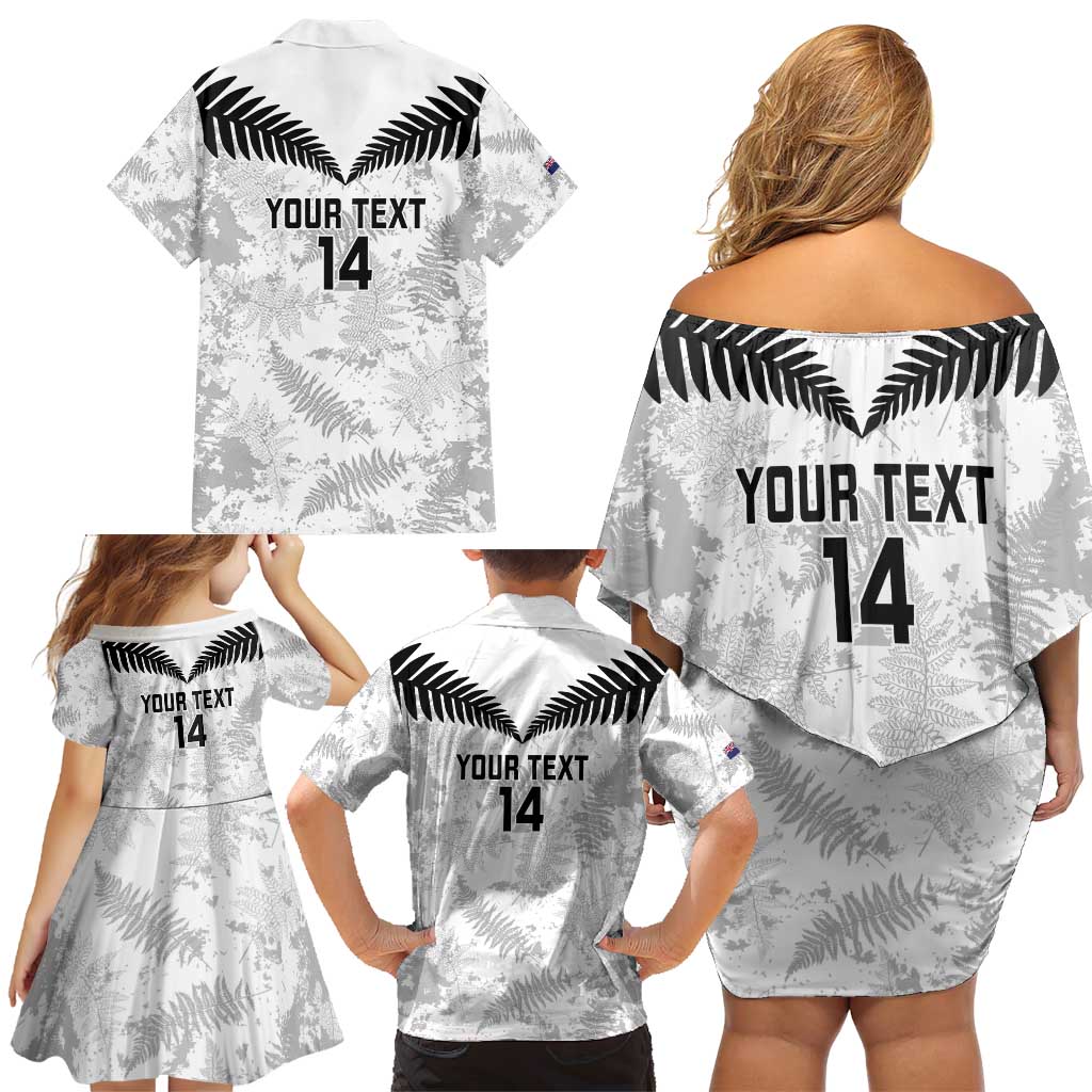 Custom New Zealand Silver Fern Football Family Matching Off Shoulder Short Dress and Hawaiian Shirt Go Aotearoa Grunge White - Polynesian Pride