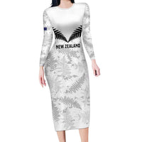 Custom New Zealand Silver Fern Football Long Sleeve Bodycon Dress Go Aotearoa Grunge White - Polynesian Pride