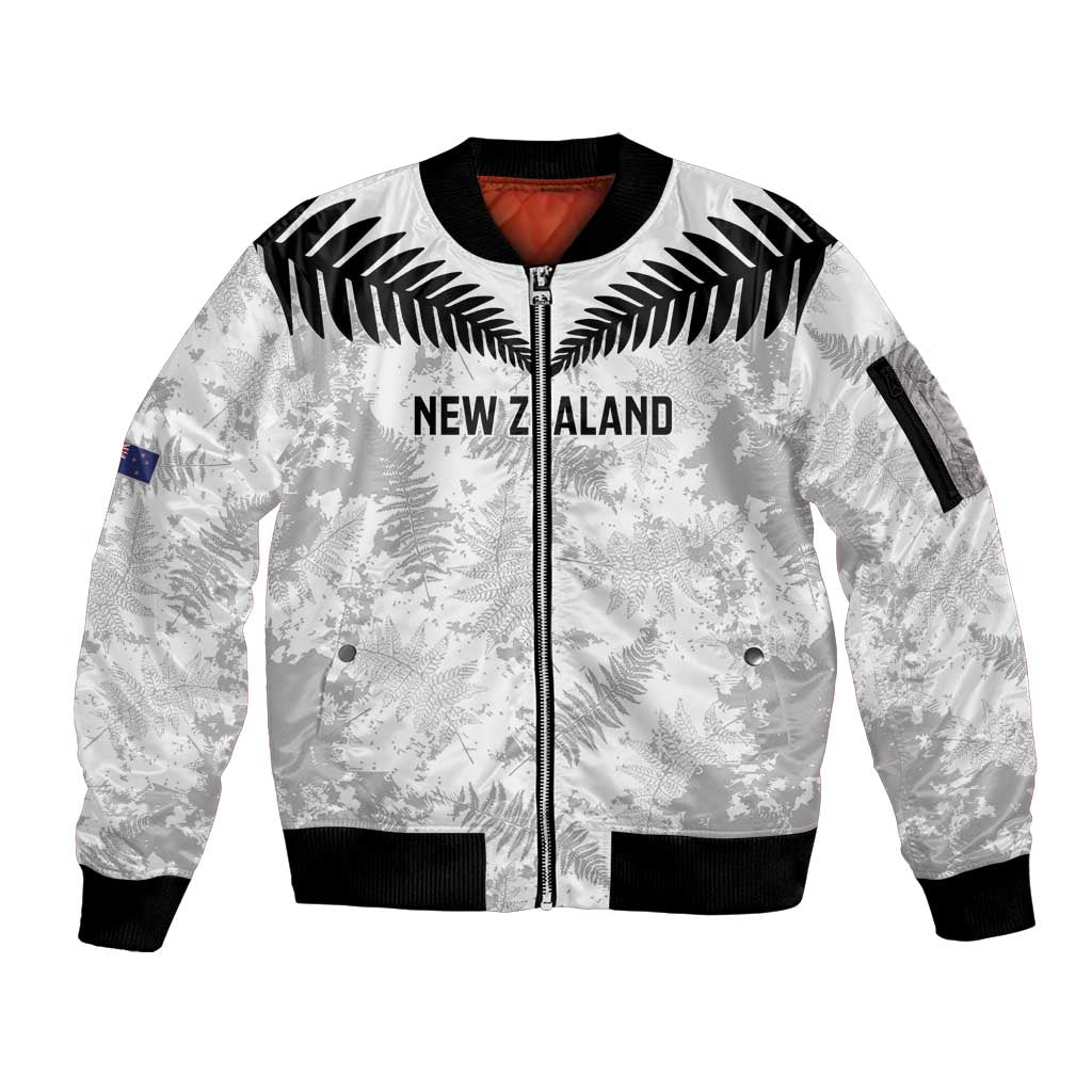 Custom New Zealand Silver Fern Football Sleeve Zip Bomber Jacket Go Aotearoa Grunge White - Polynesian Pride