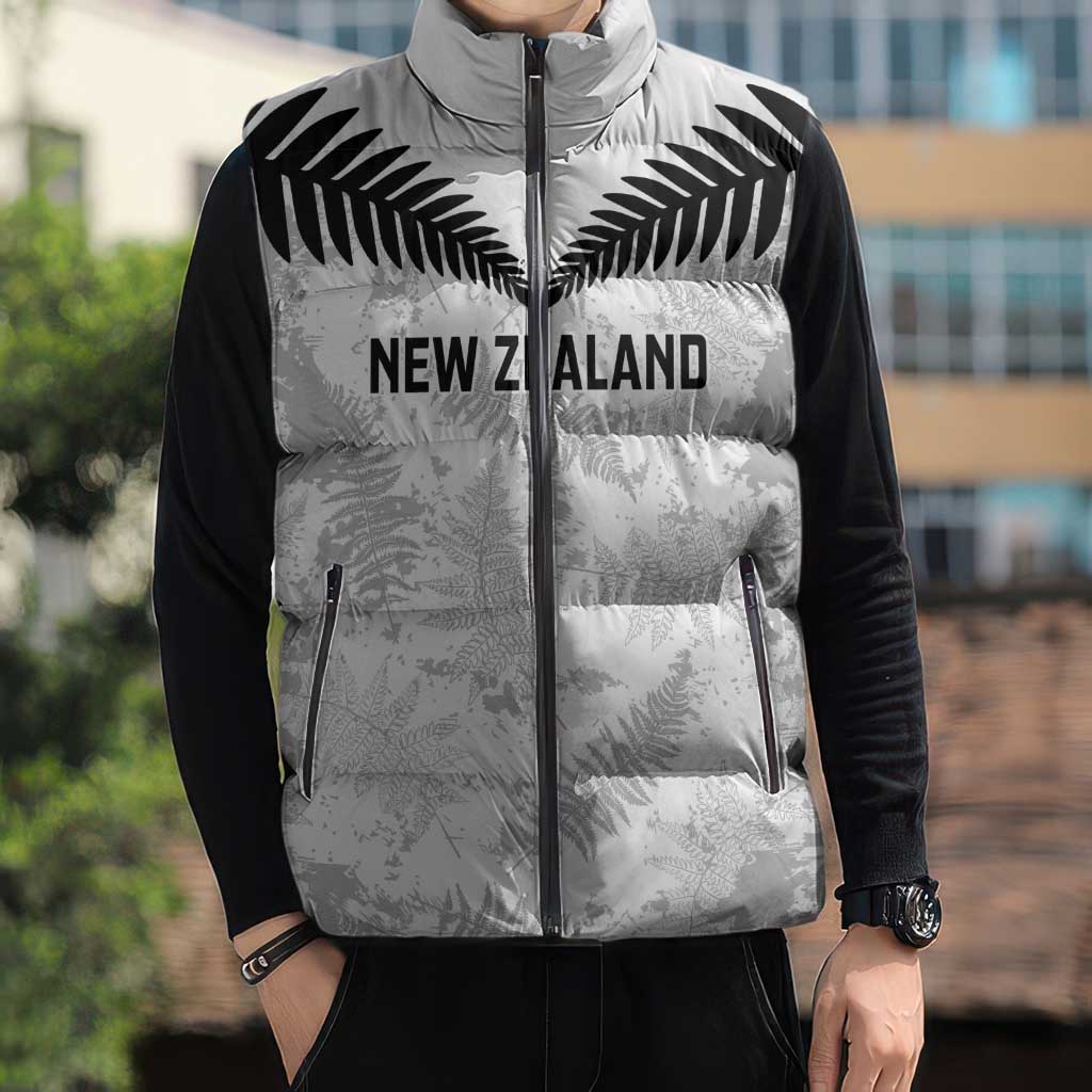Custom New Zealand Silver Fern Football Sleeveless Puffer Jacket Go Aotearoa Grunge White - Polynesian Pride