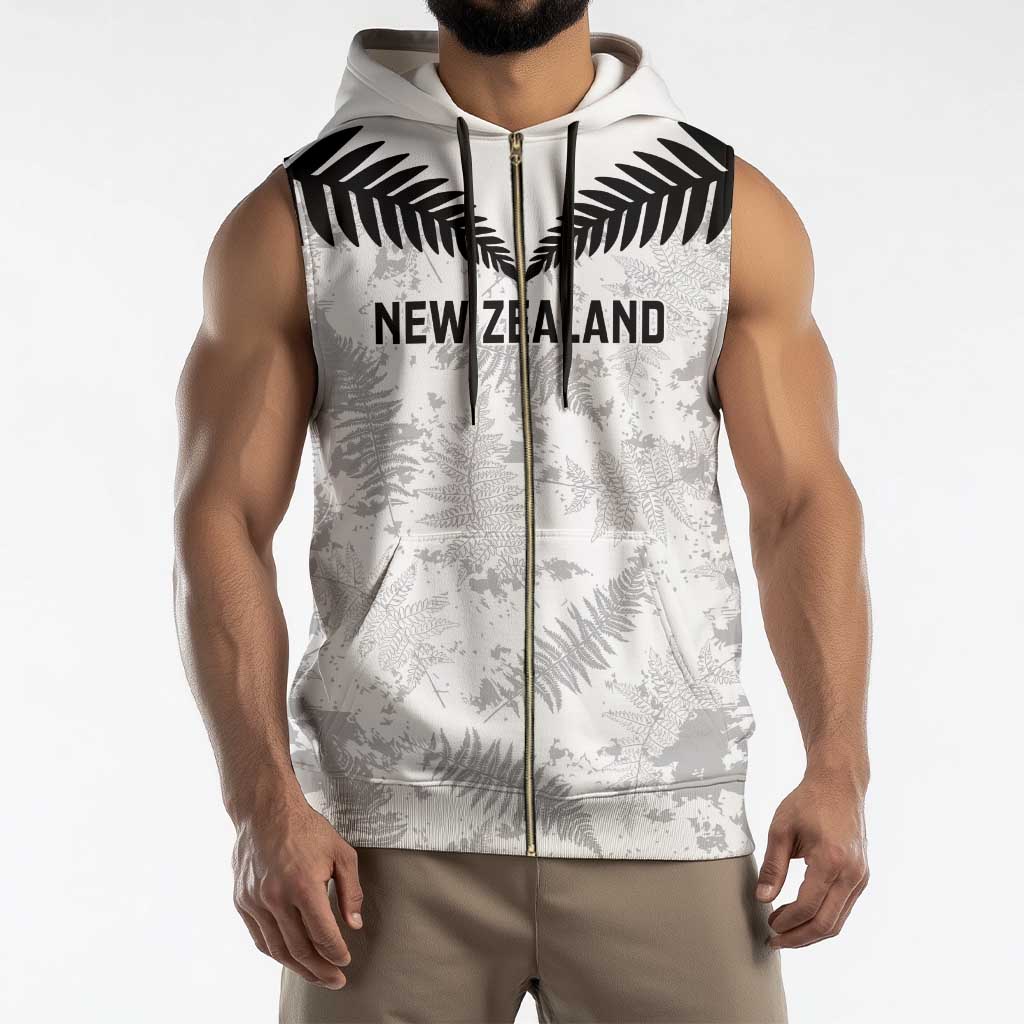 Custom New Zealand Silver Fern Football Sleeveless Zip Hoodie Go Aotearoa Grunge White - Polynesian Pride