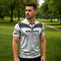 Custom New Zealand Silver Fern Football Zipper Polo Shirt Go Aotearoa Grunge White - Polynesian Pride