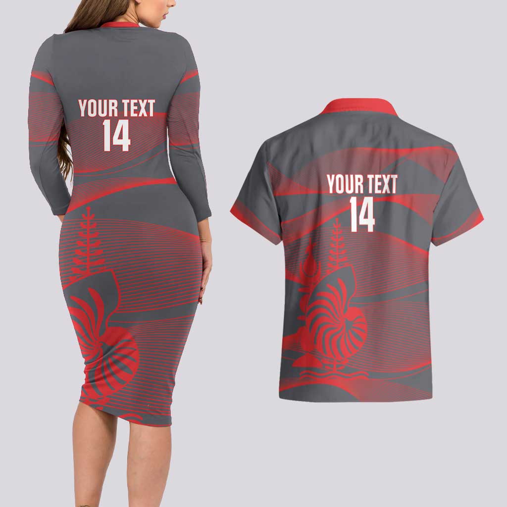 Custom New Caledonia Football Couples Matching Long Sleeve Bodycon Dress and Hawaiian Shirt Allez Les Cagous Grey Version - Polynesian Pride