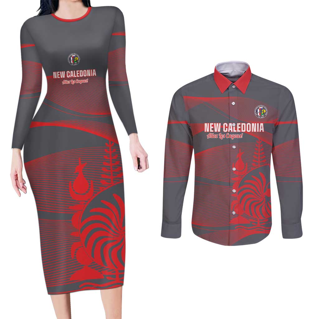 Custom New Caledonia Football Couples Matching Long Sleeve Bodycon Dress and Long Sleeve Button Shirt Allez Les Cagous Grey Version - Polynesian Pride