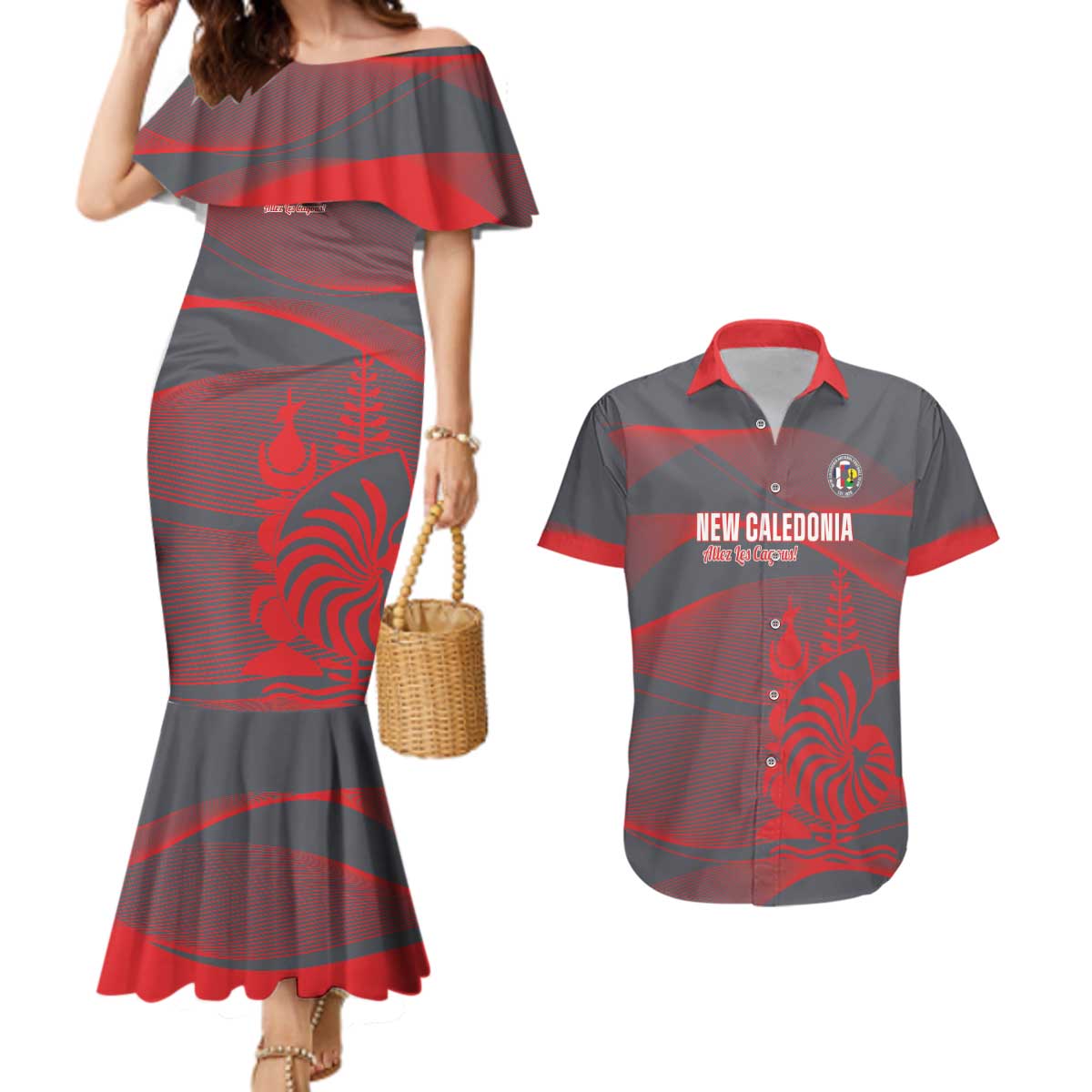 Custom New Caledonia Football Couples Matching Mermaid Dress and Hawaiian Shirt Allez Les Cagous Grey Version - Polynesian Pride