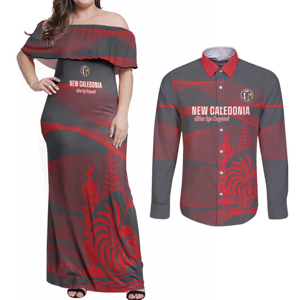 Custom New Caledonia Football Couples Matching Off Shoulder Maxi Dress and Long Sleeve Button Shirt Allez Les Cagous Grey Version - Polynesian Pride