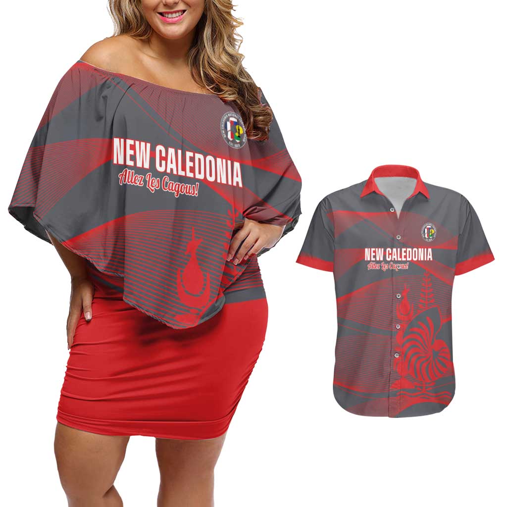Custom New Caledonia Football Couples Matching Off Shoulder Short Dress and Hawaiian Shirt Allez Les Cagous Grey Version - Polynesian Pride