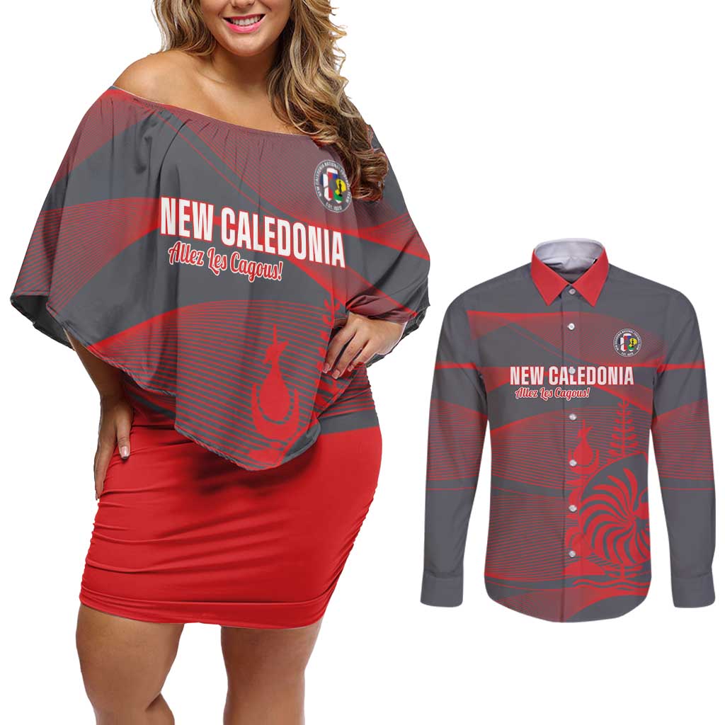 Custom New Caledonia Football Couples Matching Off Shoulder Short Dress and Long Sleeve Button Shirt Allez Les Cagous Grey Version - Polynesian Pride