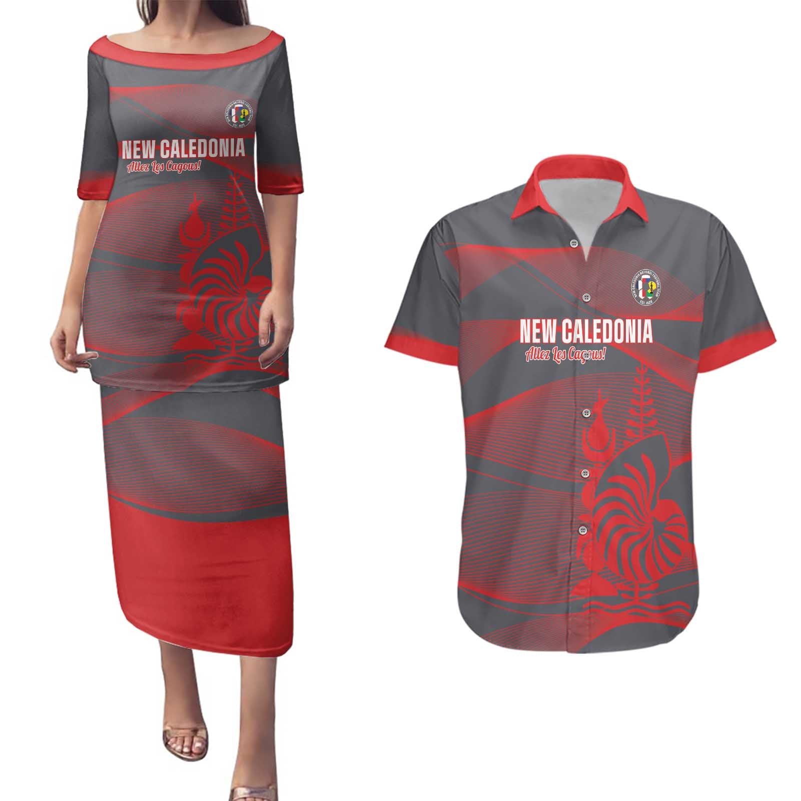 Custom New Caledonia Football Couples Matching Puletasi and Hawaiian Shirt Allez Les Cagous Grey Version - Polynesian Pride