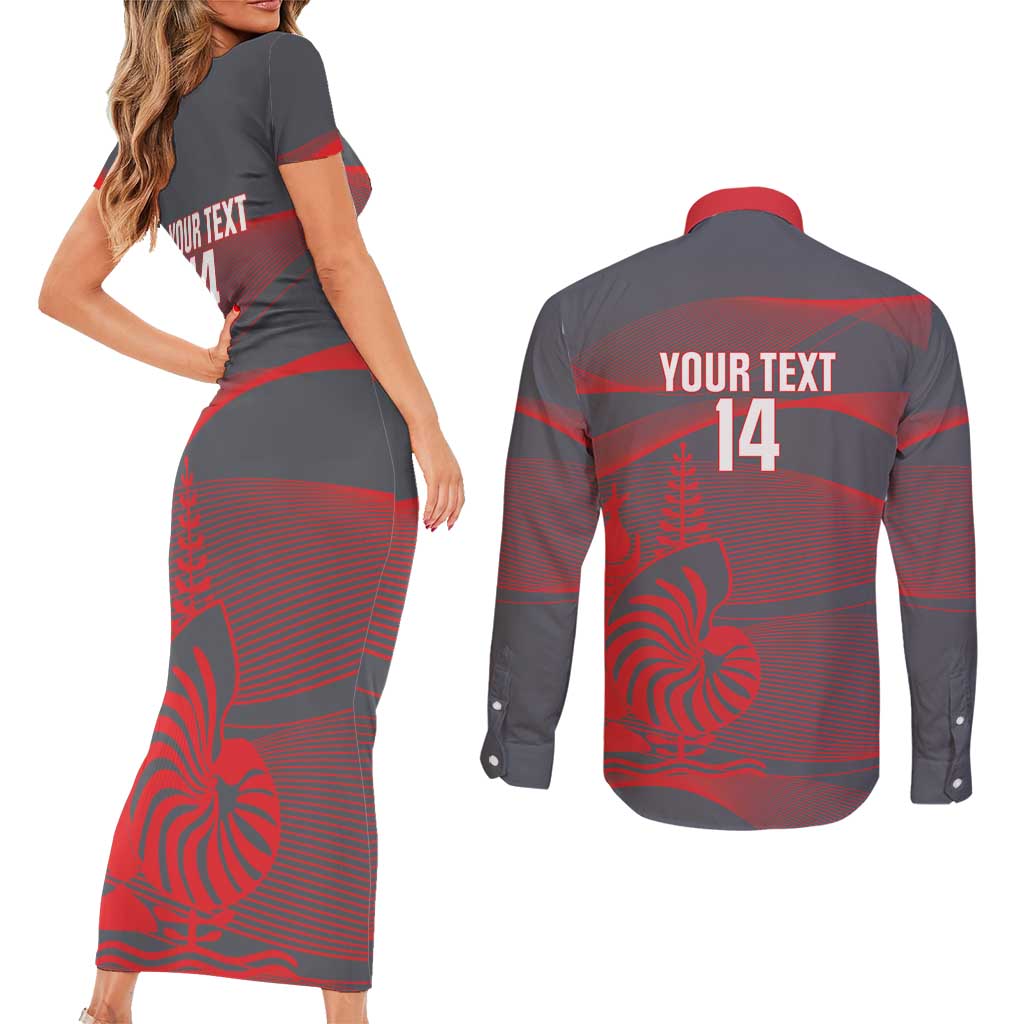 Custom New Caledonia Football Couples Matching Short Sleeve Bodycon Dress and Long Sleeve Button Shirt Allez Les Cagous Grey Version - Polynesian Pride