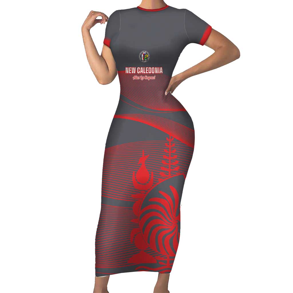Custom New Caledonia Football Short Sleeve Bodycon Dress Allez Les Cagous Grey Version - Polynesian Pride
