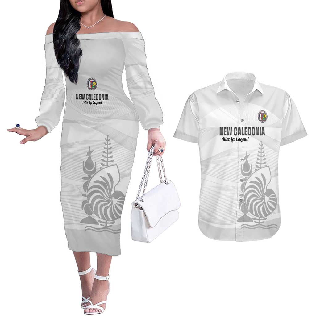Custom New Caledonia Football Couples Matching Off The Shoulder Long Sleeve Dress and Hawaiian Shirt Allez Les Cagous White Version - Polynesian Pride