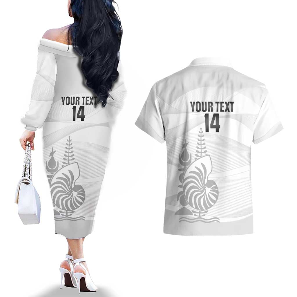 Custom New Caledonia Football Couples Matching Off The Shoulder Long Sleeve Dress and Hawaiian Shirt Allez Les Cagous White Version - Polynesian Pride