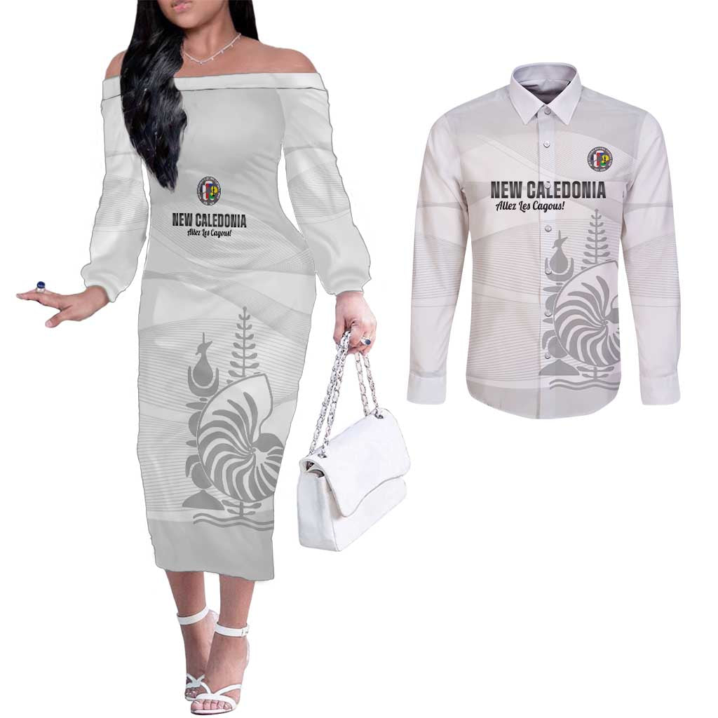 Custom New Caledonia Football Couples Matching Off The Shoulder Long Sleeve Dress and Long Sleeve Button Shirt Allez Les Cagous White Version - Polynesian Pride