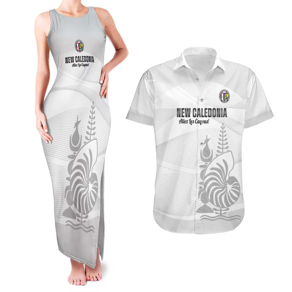 Custom New Caledonia Football Couples Matching Tank Maxi Dress and Hawaiian Shirt Allez Les Cagous White Version - Polynesian Pride