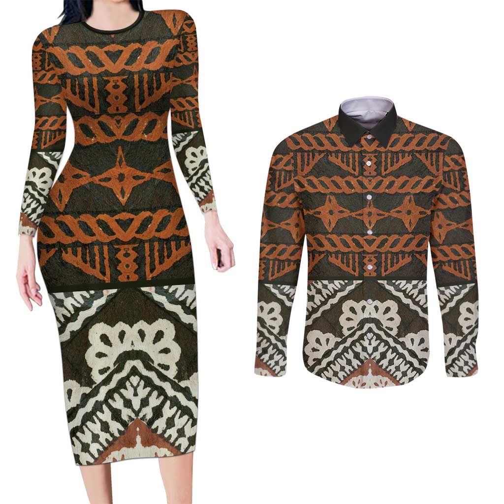 Bula Fiji Tapa Couples Matching Long Sleeve Bodycon Dress and Long Sleeve Button Shirt Fijian Masi Vintage Vibes - Polynesian Pride