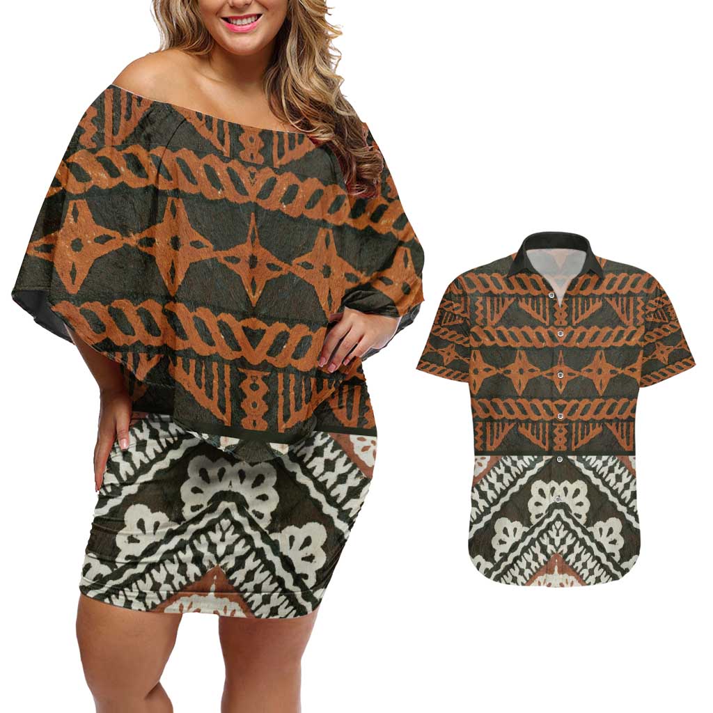 Bula Fiji Tapa Couples Matching Off Shoulder Short Dress and Hawaiian Shirt Fijian Masi Vintage Vibes - Polynesian Pride