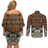Bula Fiji Tapa Couples Matching Off Shoulder Short Dress and Long Sleeve Button Shirt Fijian Masi Vintage Vibes - Polynesian Pride