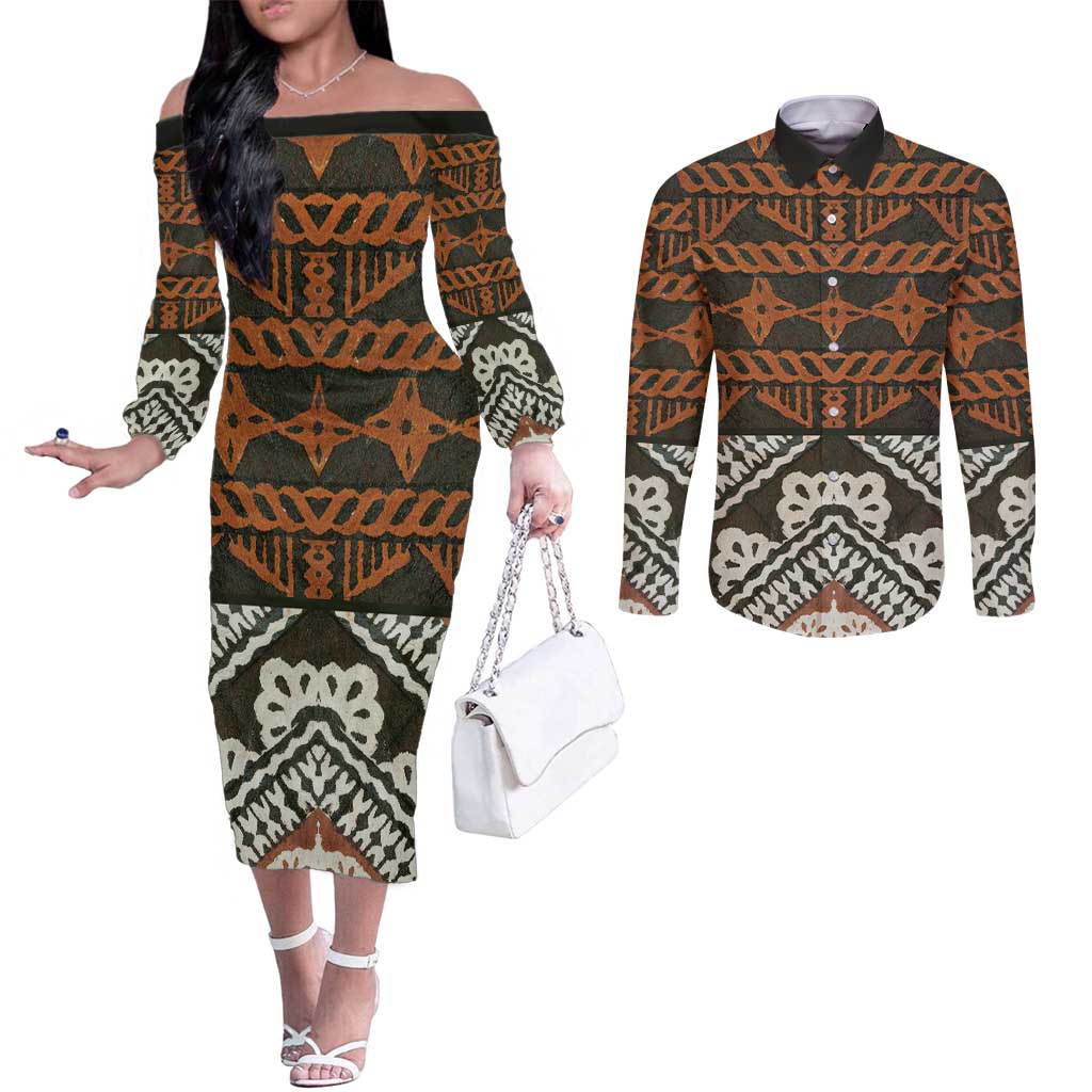 Bula Fiji Tapa Couples Matching Off The Shoulder Long Sleeve Dress and Long Sleeve Button Shirt Fijian Masi Vintage Vibes - Polynesian Pride