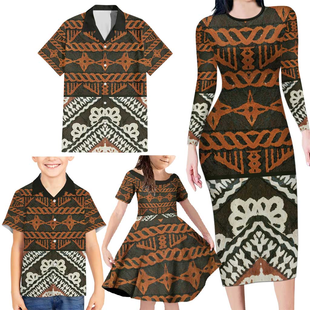 Bula Fiji Tapa Family Matching Long Sleeve Bodycon Dress and Hawaiian Shirt Fijian Masi Vintage Vibes - Polynesian Pride