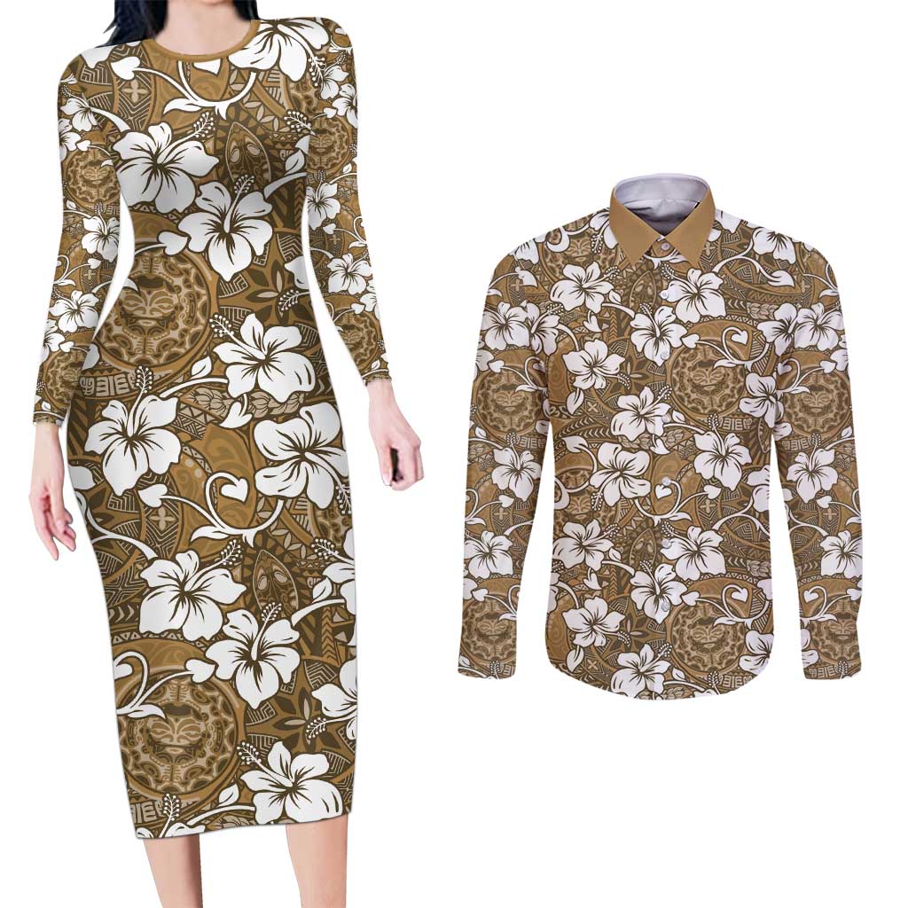 Kuvui Bula Fiji Couples Matching Long Sleeve Bodycon Dress and Long Sleeve Button Shirt Fijian Tapa Seamless Hibiscus - Polynesian Pride