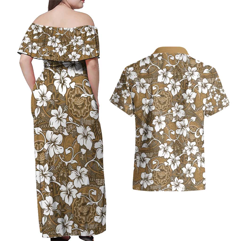 Kuvui Bula Fiji Couples Matching Off Shoulder Maxi Dress and Hawaiian Shirt Fijian Tapa Seamless Hibiscus - Polynesian Pride