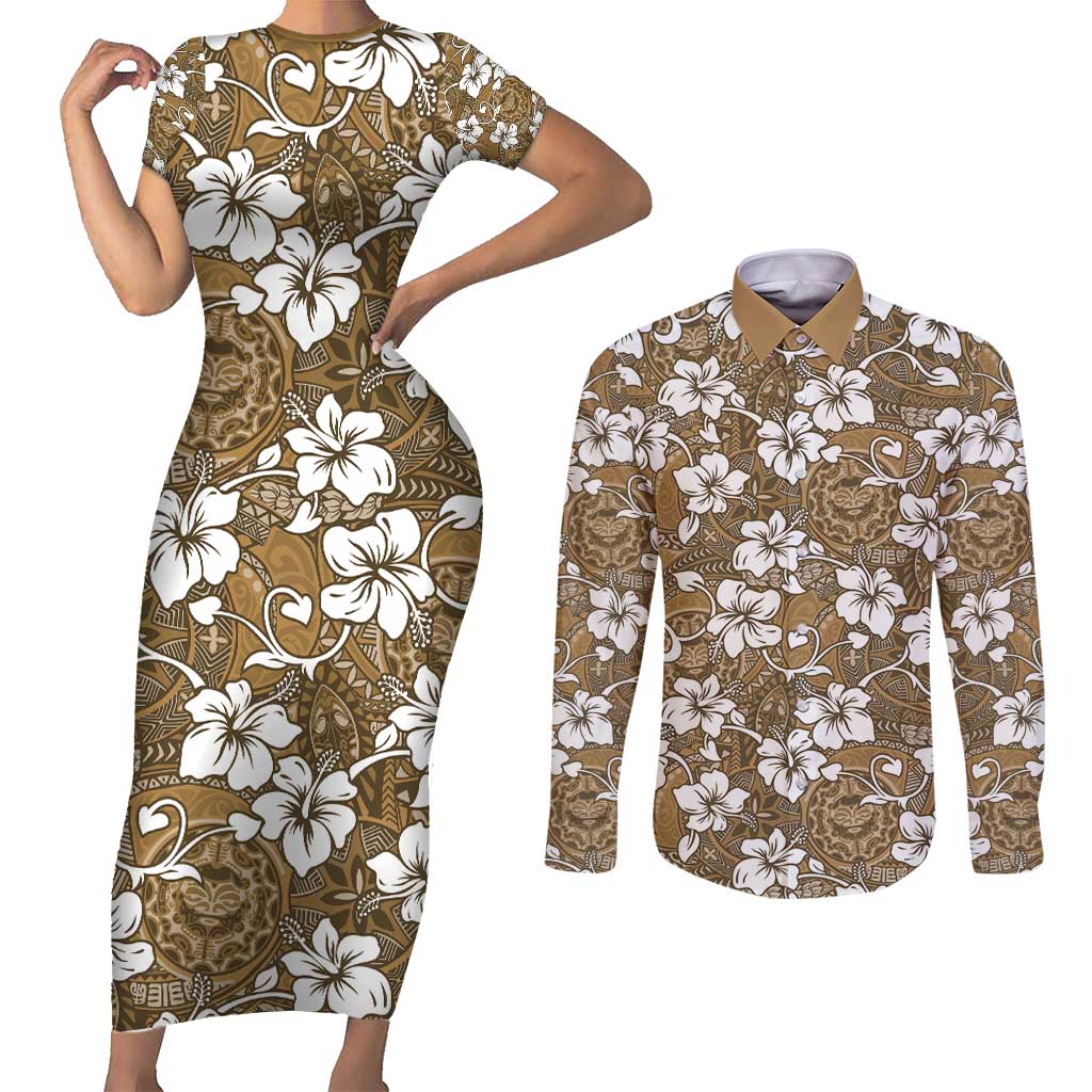 Kuvui Bula Fiji Couples Matching Short Sleeve Bodycon Dress and Long Sleeve Button Shirt Fijian Tapa Seamless Hibiscus - Polynesian Pride