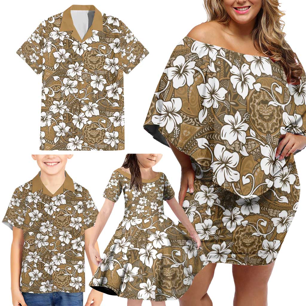 Kuvui Bula Fiji Family Matching Off Shoulder Short Dress and Hawaiian Shirt Fijian Tapa Seamless Hibiscus - Polynesian Pride