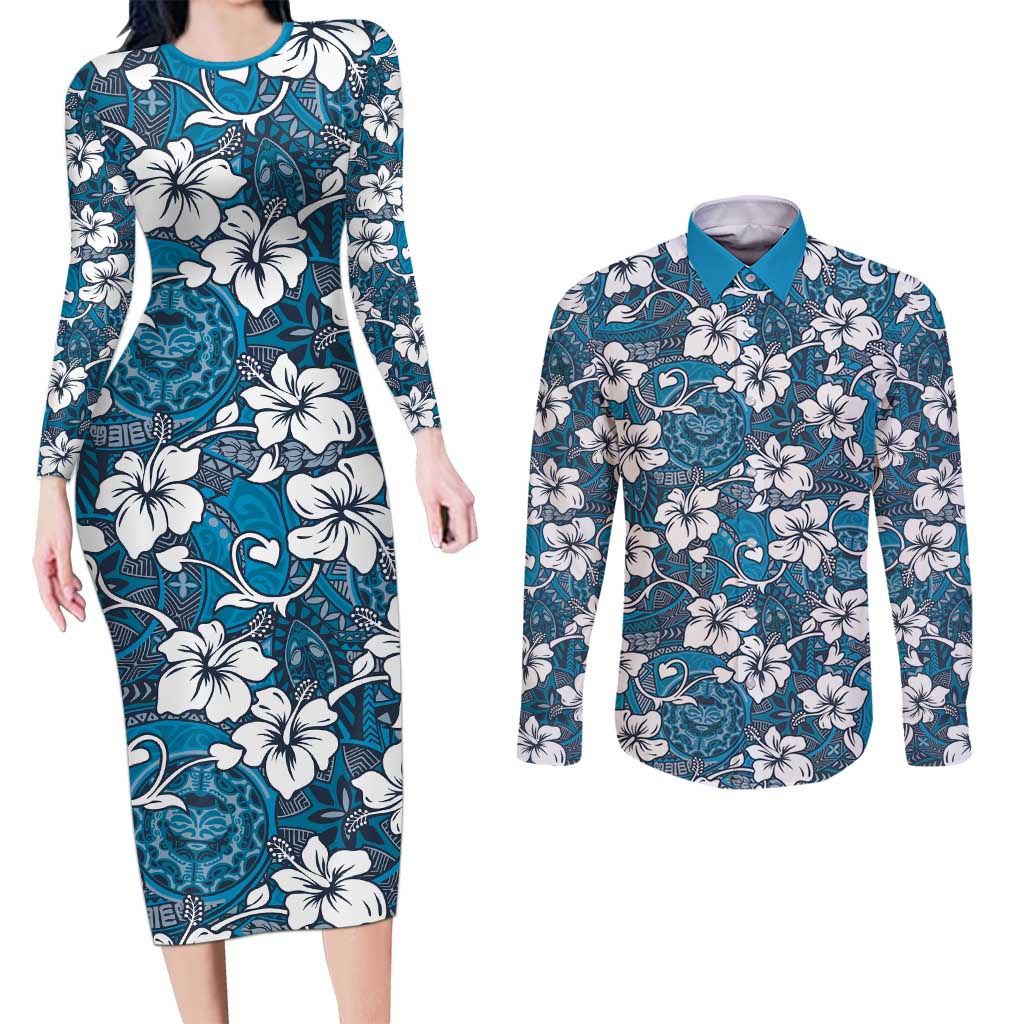 Karakarawa Bula Fiji Couples Matching Long Sleeve Bodycon Dress and Long Sleeve Button Shirt Fijian Tapa Seamless Hibiscus - Polynesian Pride