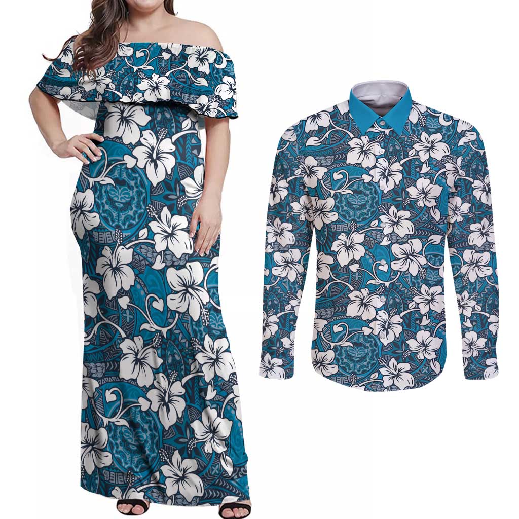 Karakarawa Bula Fiji Couples Matching Off Shoulder Maxi Dress and Long Sleeve Button Shirt Fijian Tapa Seamless Hibiscus LT14 Blue - Polynesian Pride