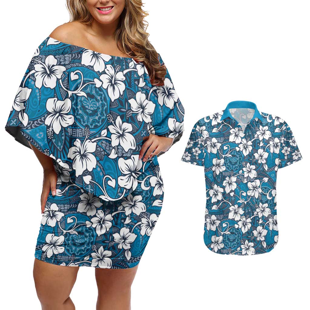 Karakarawa Bula Fiji Couples Matching Off Shoulder Short Dress and Hawaiian Shirt Fijian Tapa Seamless Hibiscus - Polynesian Pride