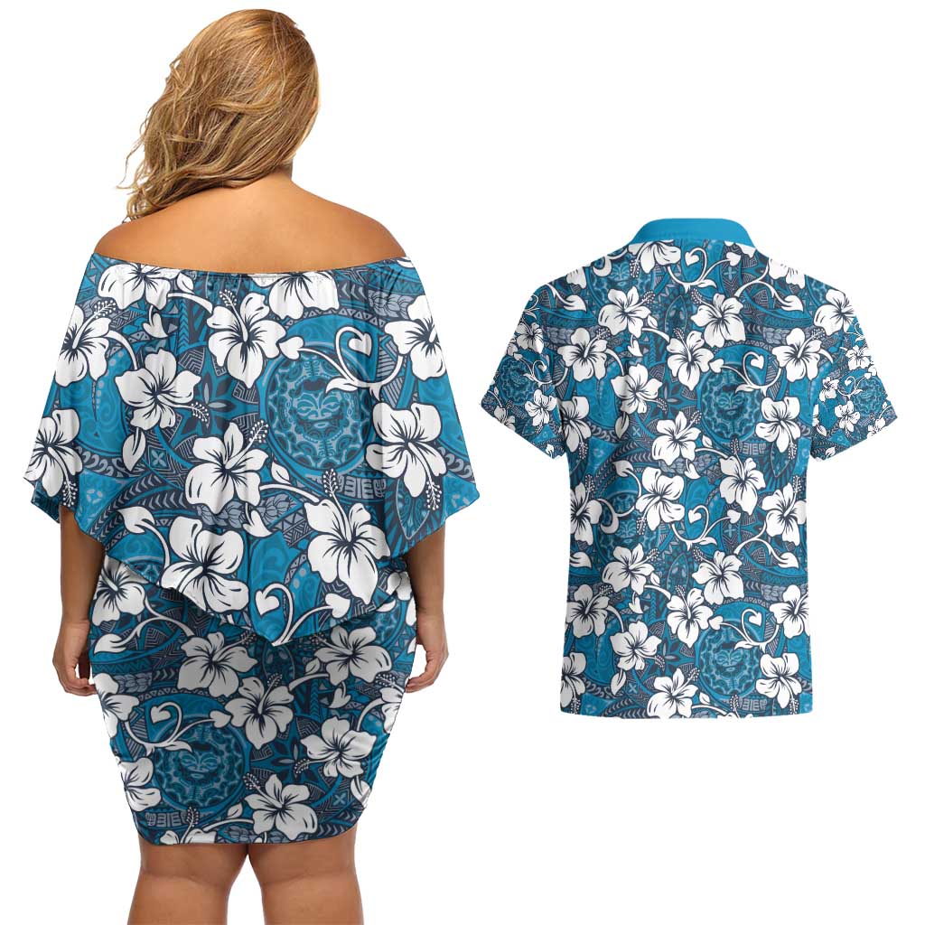 Karakarawa Bula Fiji Couples Matching Off Shoulder Short Dress and Hawaiian Shirt Fijian Tapa Seamless Hibiscus - Polynesian Pride