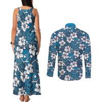 Karakarawa Bula Fiji Couples Matching Tank Maxi Dress and Long Sleeve Button Shirt Fijian Tapa Seamless Hibiscus - Polynesian Pride