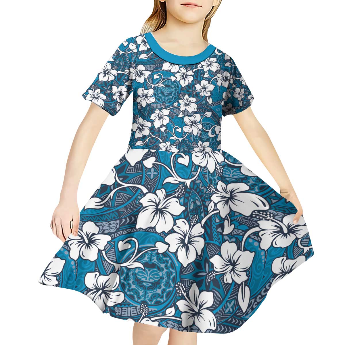 Karakarawa Bula Fiji Kid Short Sleeve Dress Fijian Tapa Seamless Hibiscus - Polynesian Pride